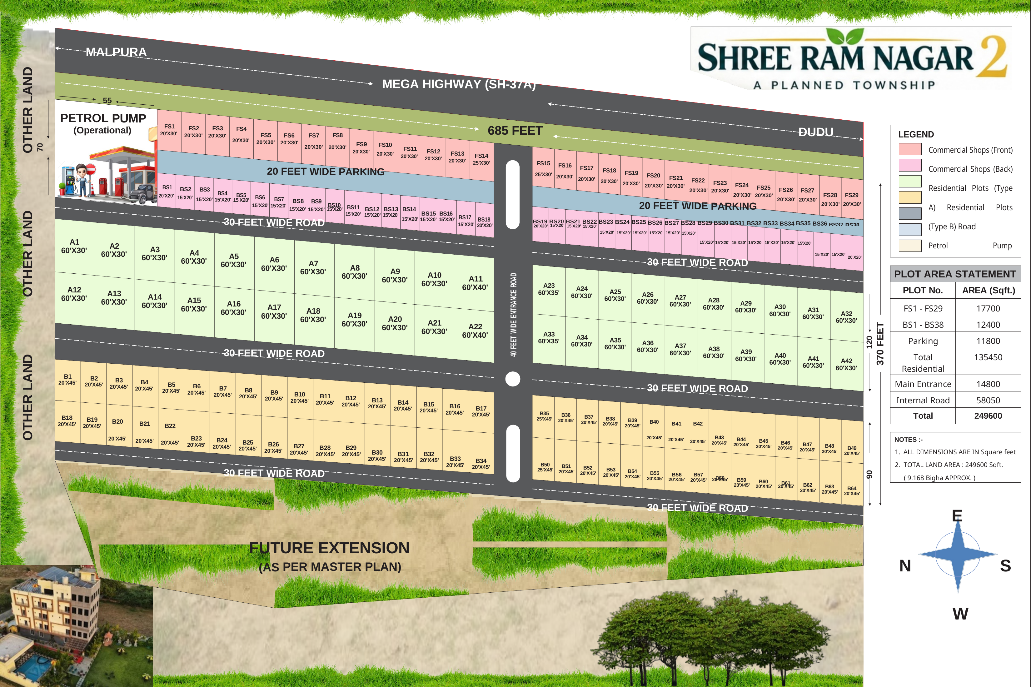 Technical master layout of Shree Ram Nagar 2 showing commercial shops, residential plots, roads, parking, petrol pump and SH-37A frontage